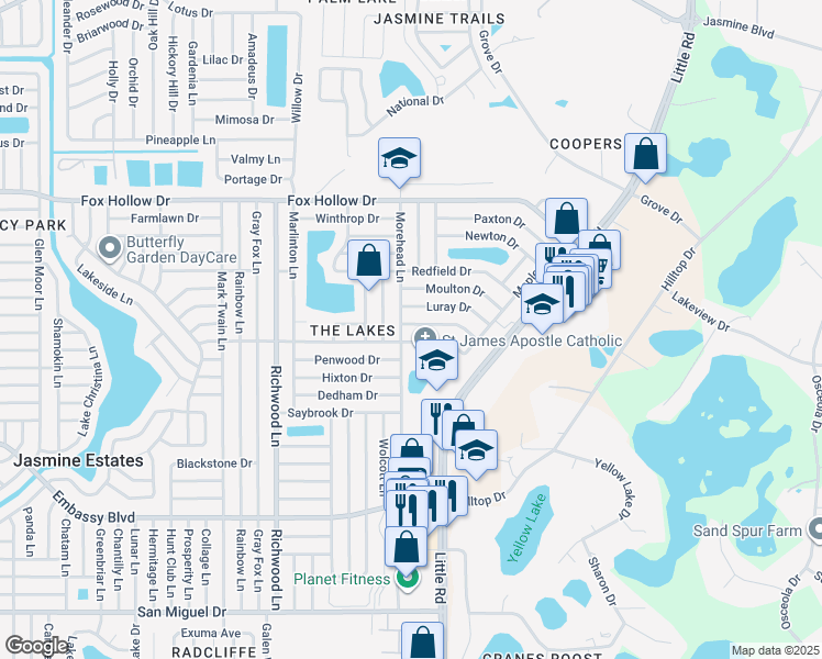 map of restaurants, bars, coffee shops, grocery stores, and more near 8316 Corney Drive in Port Richey