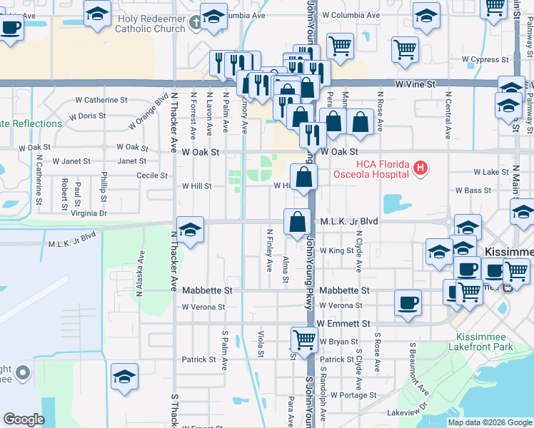 map of restaurants, bars, coffee shops, grocery stores, and more near 624 North Finley Avenue in Kissimmee