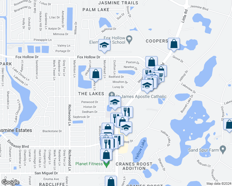 map of restaurants, bars, coffee shops, grocery stores, and more near 8402 Corney Drive in Port Richey