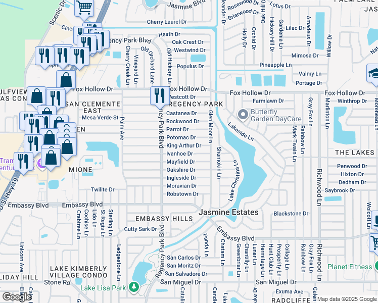 map of restaurants, bars, coffee shops, grocery stores, and more near 7321 Ivanhoe Drive in Port Richey