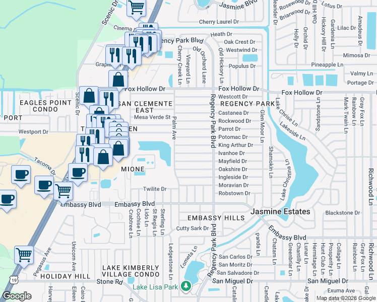 map of restaurants, bars, coffee shops, grocery stores, and more near 7031 Ivanhoe Drive in Port Richey