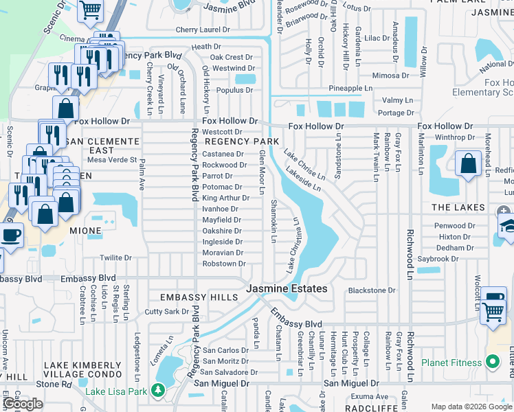 map of restaurants, bars, coffee shops, grocery stores, and more near 7415 Ivanhoe Drive in Port Richey