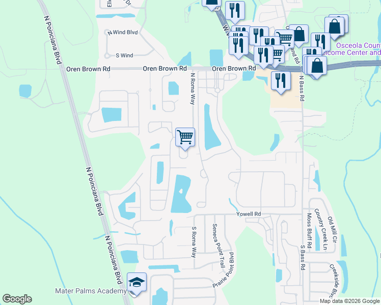 map of restaurants, bars, coffee shops, grocery stores, and more near 450 Las Fuentes Drive in Kissimmee