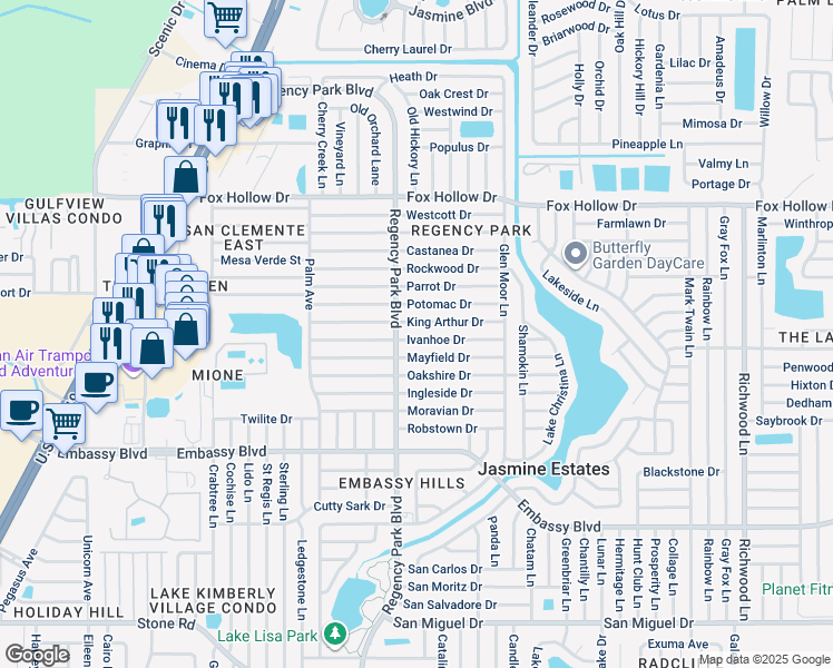 map of restaurants, bars, coffee shops, grocery stores, and more near 7221 Ivanhoe Drive in Port Richey