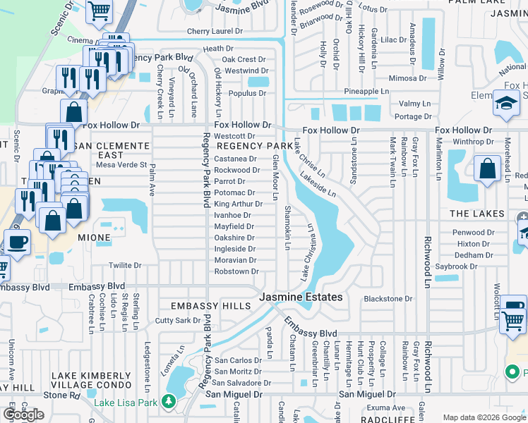 map of restaurants, bars, coffee shops, grocery stores, and more near 7415 Ivanhoe Drive in Port Richey