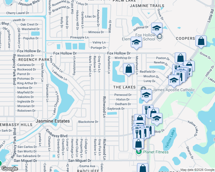 map of restaurants, bars, coffee shops, grocery stores, and more near 9636 Marlinton Lane in Port Richey