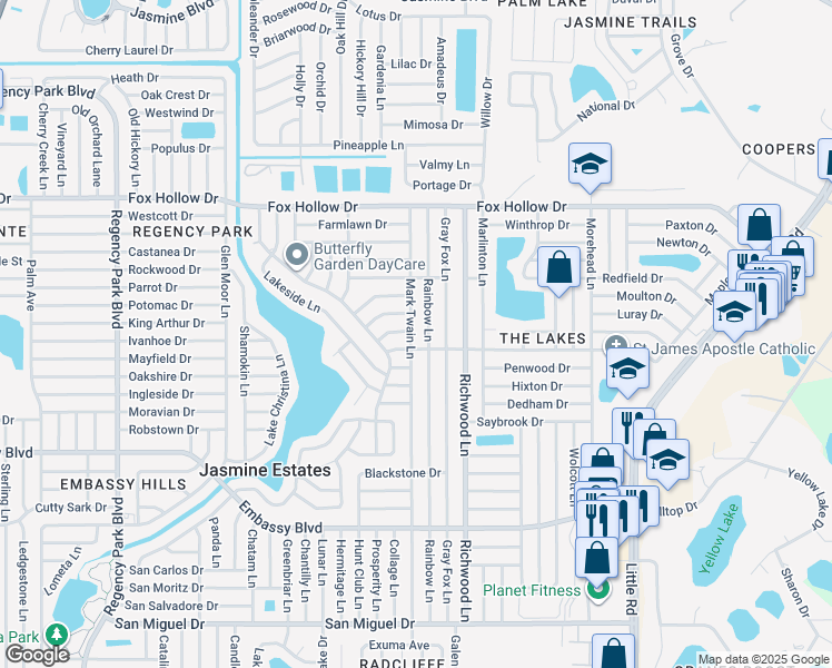 map of restaurants, bars, coffee shops, grocery stores, and more near 7834 Red Run Drive in Port Richey