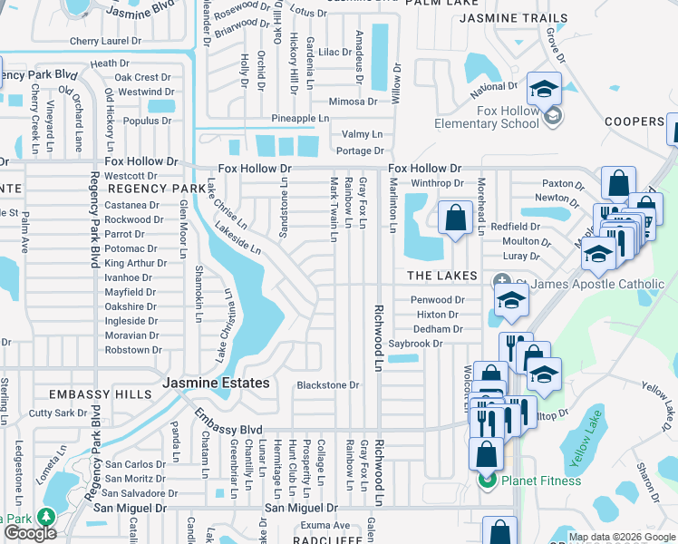 map of restaurants, bars, coffee shops, grocery stores, and more near 9636 Mark Twain Lane in Port Richey