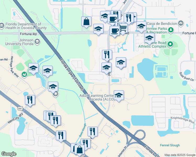 map of restaurants, bars, coffee shops, grocery stores, and more near 737 Country Woods Circle in Kissimmee