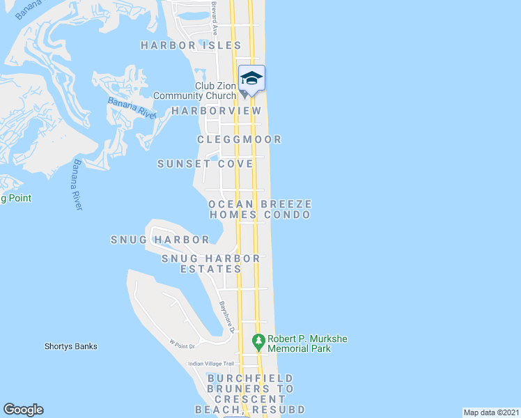 map of restaurants, bars, coffee shops, grocery stores, and more near 1155 South Atlantic Avenue in Cocoa Beach