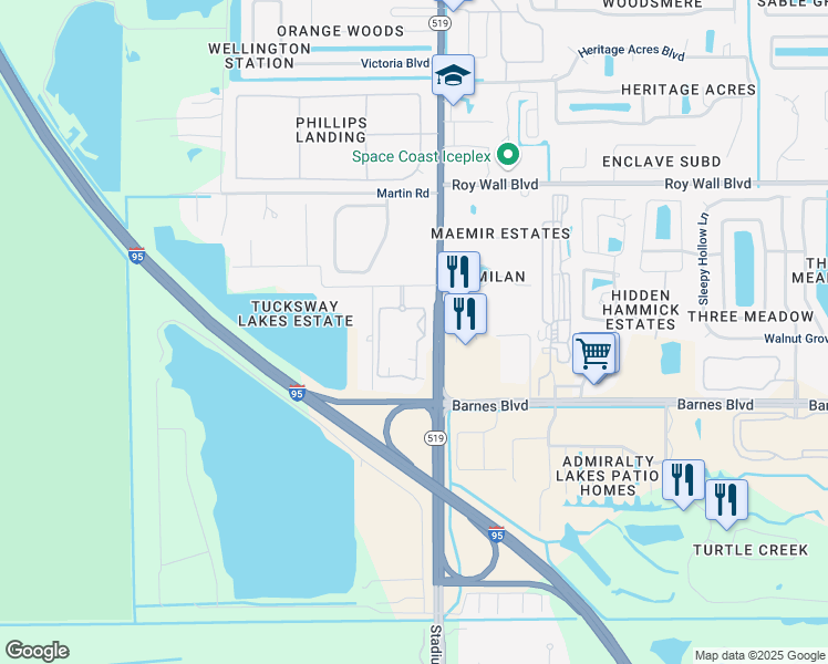 map of restaurants, bars, coffee shops, grocery stores, and more near 3693 Middleburg Lane in Rockledge