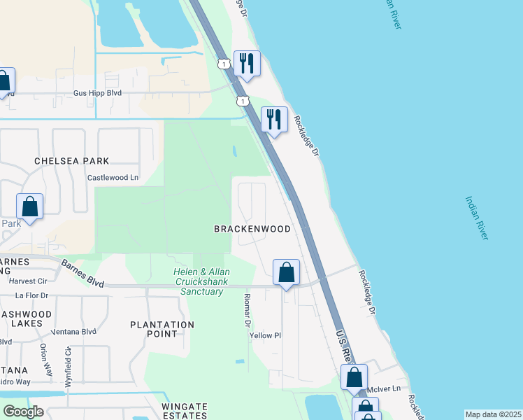 map of restaurants, bars, coffee shops, grocery stores, and more near 3712 Brantley Circle in Rockledge