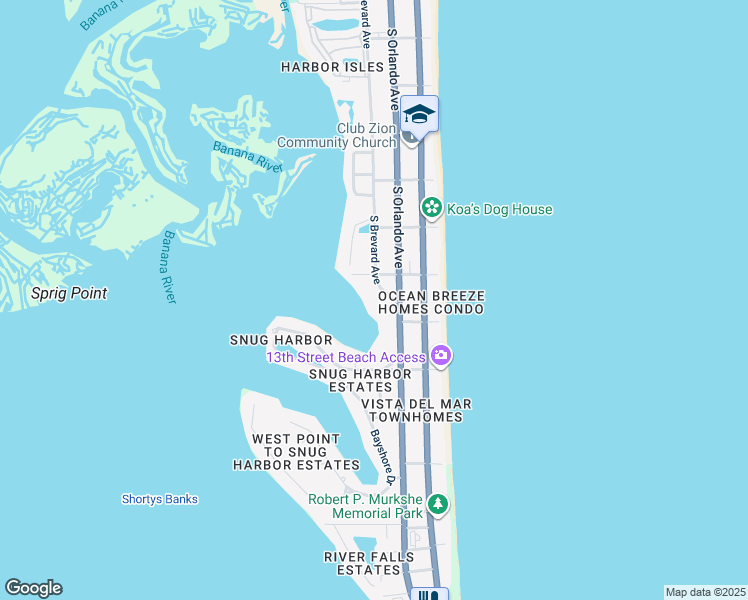 map of restaurants, bars, coffee shops, grocery stores, and more near 1150 South Orlando Avenue in Cocoa Beach