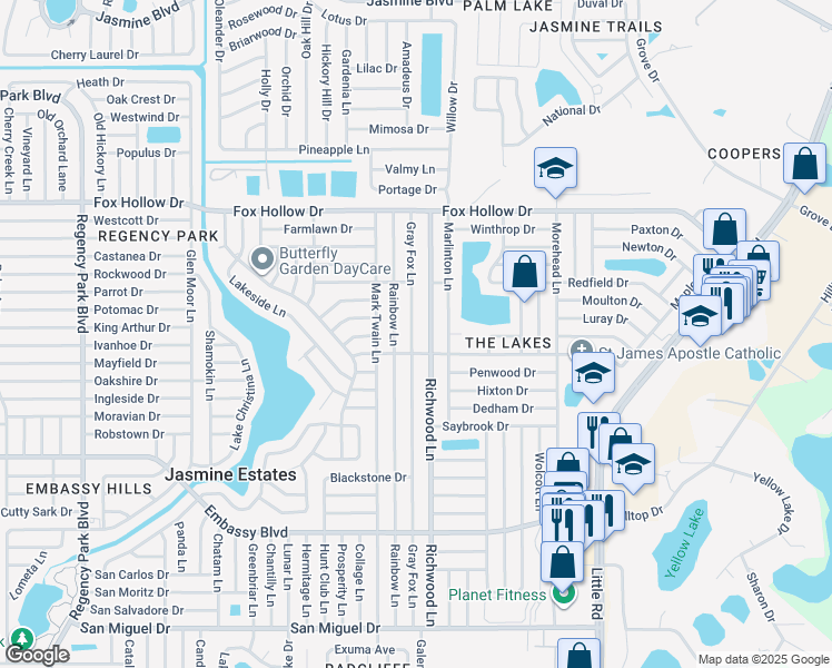 map of restaurants, bars, coffee shops, grocery stores, and more near 9640 Gray Fox Lane in Port Richey