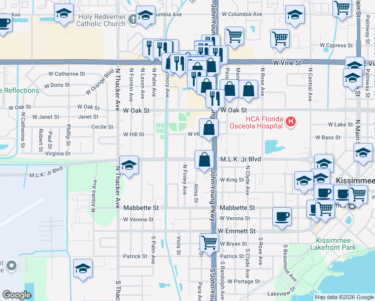 map of restaurants, bars, coffee shops, grocery stores, and more near 624 North Finley Avenue in Kissimmee