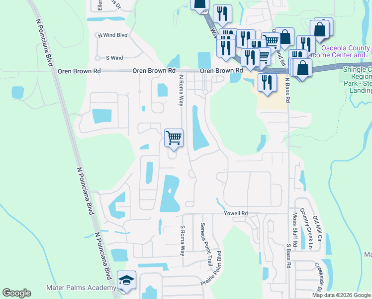 map of restaurants, bars, coffee shops, grocery stores, and more near 450 Las Fuentes Drive in Kissimmee