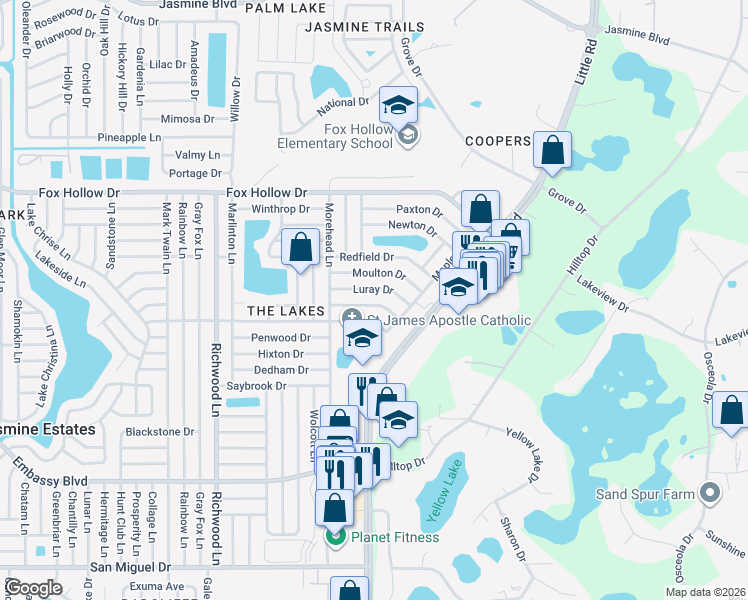 map of restaurants, bars, coffee shops, grocery stores, and more near 8414 Corney Drive in Port Richey