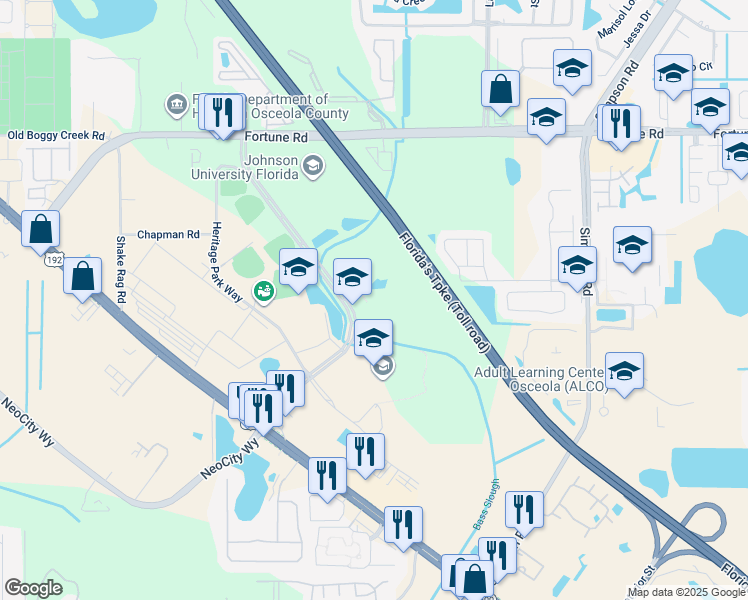 map of restaurants, bars, coffee shops, grocery stores, and more near 805 Bill Beck Boulevard in Kissimmee