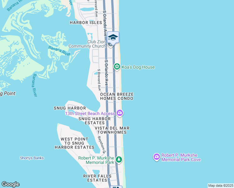 map of restaurants, bars, coffee shops, grocery stores, and more near 1180 South Atlantic Avenue in Cocoa Beach