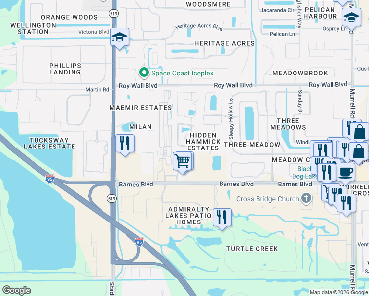map of restaurants, bars, coffee shops, grocery stores, and more near 1380 Indian Oaks Boulevard in Rockledge
