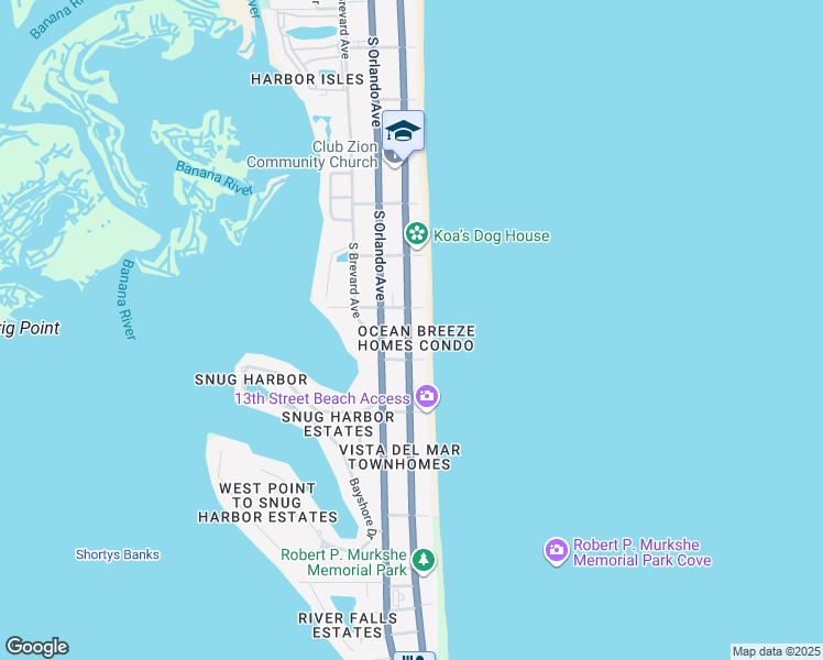 map of restaurants, bars, coffee shops, grocery stores, and more near 1180 South Atlantic Avenue in Cocoa Beach