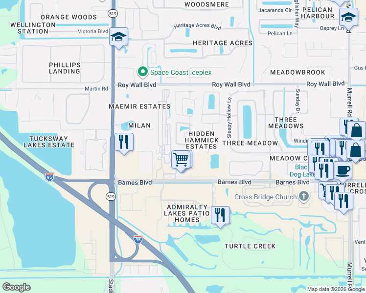 map of restaurants, bars, coffee shops, grocery stores, and more near 1380 Indian Oaks Boulevard in Rockledge