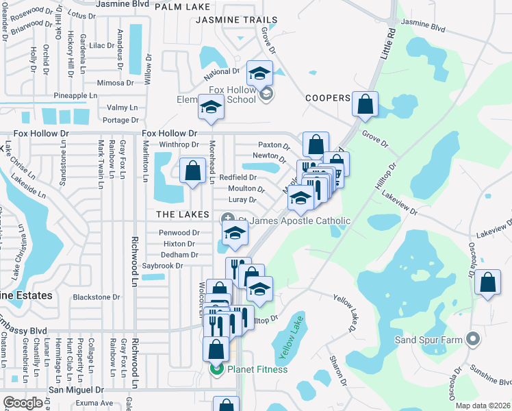 map of restaurants, bars, coffee shops, grocery stores, and more near 8414 Corney Drive in Port Richey