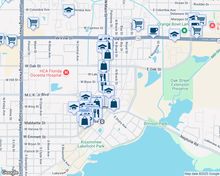 map of restaurants, bars, coffee shops, grocery stores, and more near 11 East Park Street in Kissimmee
