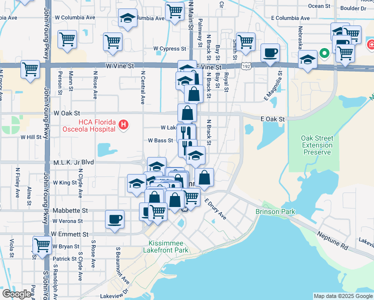 map of restaurants, bars, coffee shops, grocery stores, and more near 619 North Main Street in Kissimmee