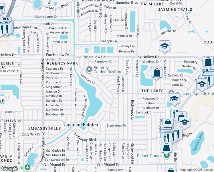 map of restaurants, bars, coffee shops, grocery stores, and more near 9629 Lake Chrise Lane in Port Richey