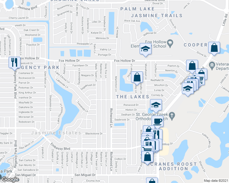 map of restaurants, bars, coffee shops, grocery stores, and more near 9709 Marlinton Lane in Port Richey