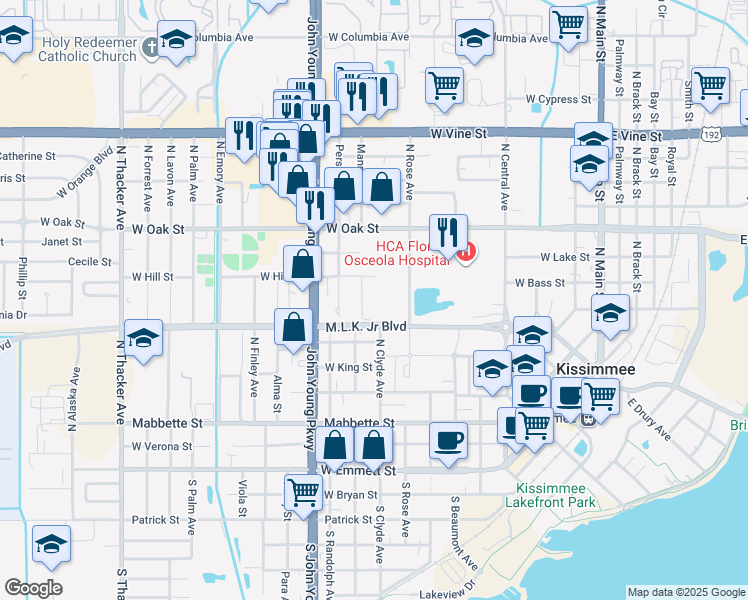 map of restaurants, bars, coffee shops, grocery stores, and more near 951 Martin Luther King Junior Boulevard in Kissimmee