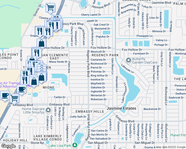 map of restaurants, bars, coffee shops, grocery stores, and more near 7221 King Arthur Drive in Port Richey