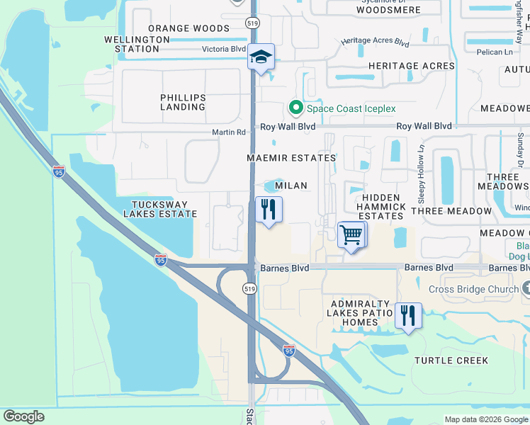 map of restaurants, bars, coffee shops, grocery stores, and more near 3780 South Fiske Boulevard in Rockledge