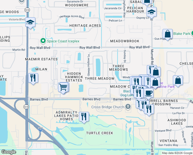 map of restaurants, bars, coffee shops, grocery stores, and more near 1226 Sugar Creek Lane in Rockledge