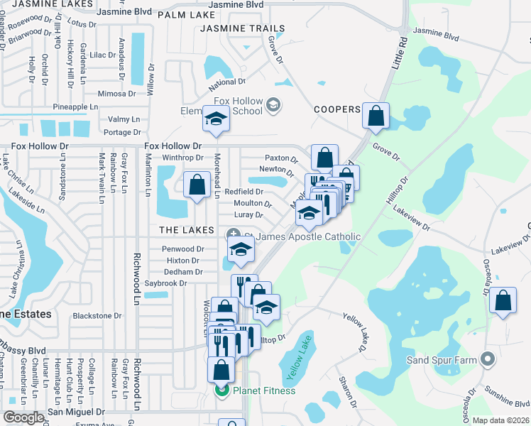 map of restaurants, bars, coffee shops, grocery stores, and more near 8514 Redfield Drive in Port Richey