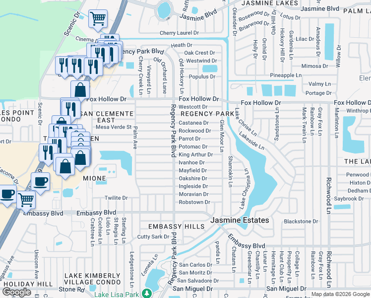 map of restaurants, bars, coffee shops, grocery stores, and more near 7220 Parrot Drive in Port Richey