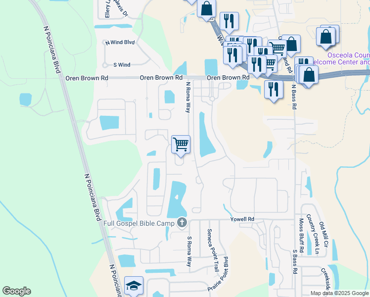map of restaurants, bars, coffee shops, grocery stores, and more near 982 Park Terrace Circle in Kissimmee