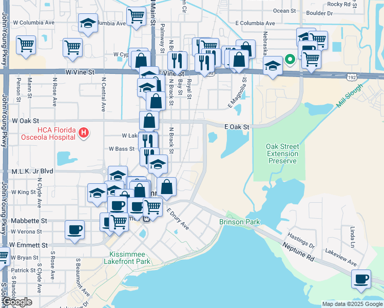 map of restaurants, bars, coffee shops, grocery stores, and more near 663 Royal Street in Kissimmee