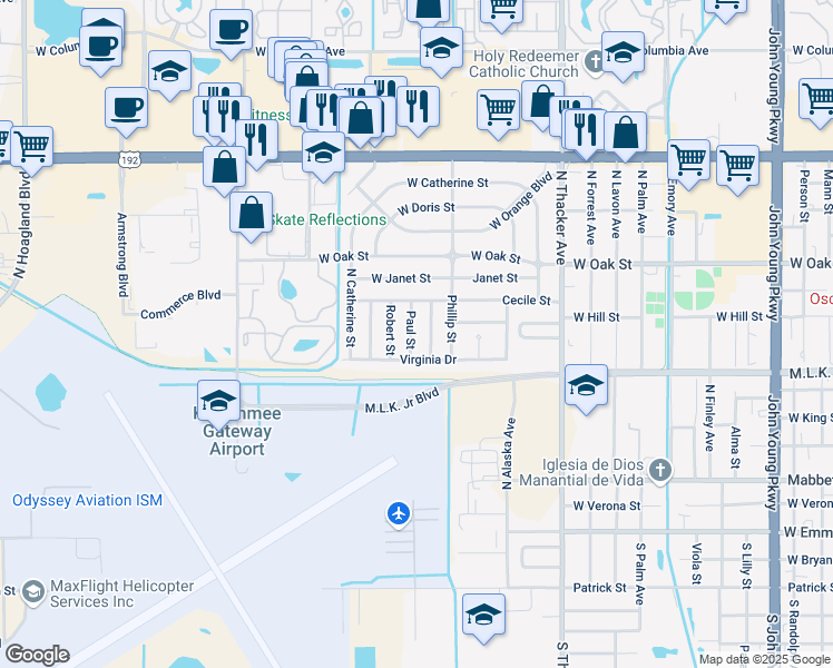 map of restaurants, bars, coffee shops, grocery stores, and more near 709 Robert Street in Kissimmee
