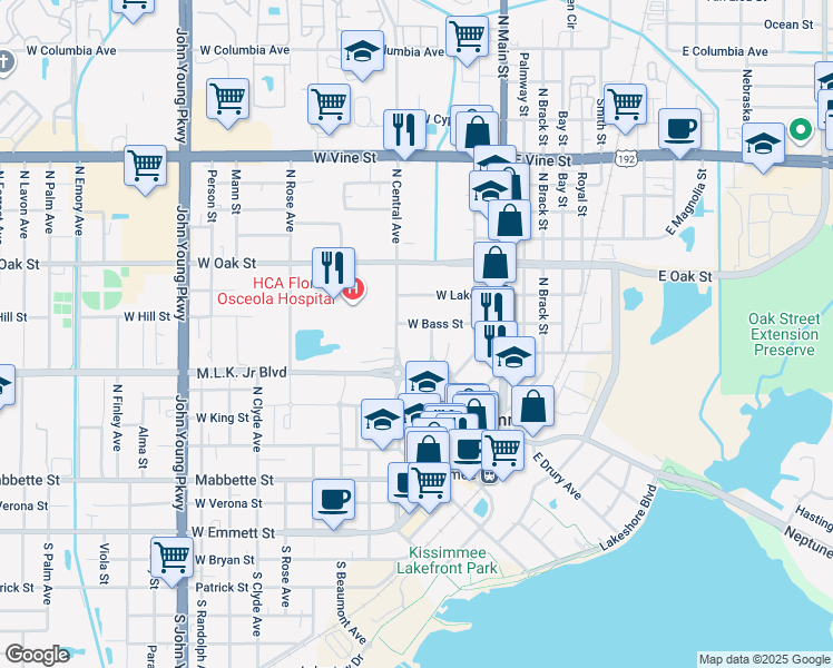 map of restaurants, bars, coffee shops, grocery stores, and more near 300 West Bass Street in Kissimmee