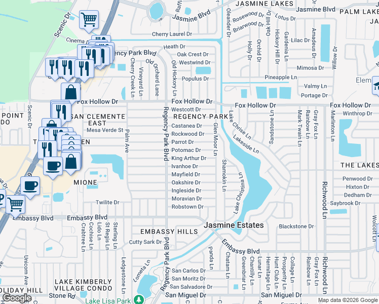 map of restaurants, bars, coffee shops, grocery stores, and more near 7310 Potomac Drive in Port Richey
