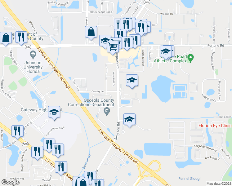 map of restaurants, bars, coffee shops, grocery stores, and more near 520 Simpson Road in Kissimmee