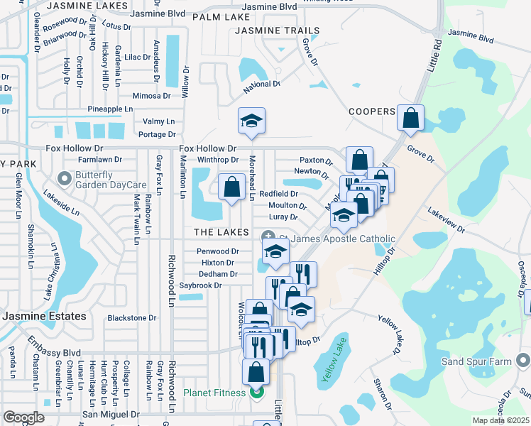 map of restaurants, bars, coffee shops, grocery stores, and more near 8317 Moulton Drive in Port Richey