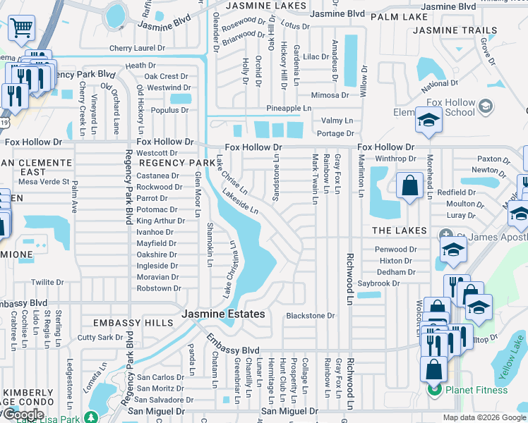 map of restaurants, bars, coffee shops, grocery stores, and more near 9716 Lakeside Lane in Port Richey