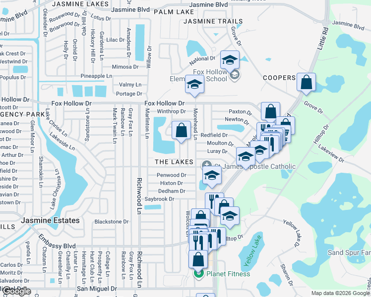 map of restaurants, bars, coffee shops, grocery stores, and more near 9737 Rainelle Lane in Port Richey