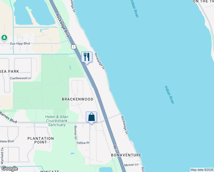 map of restaurants, bars, coffee shops, grocery stores, and more near 1915 Rockledge Drive in Rockledge