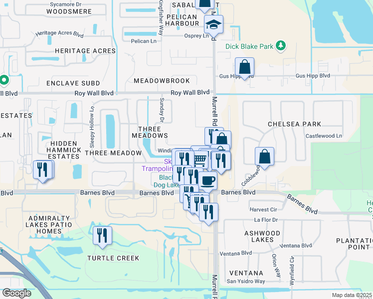 map of restaurants, bars, coffee shops, grocery stores, and more near 1246 Winding Meadows Road in Rockledge