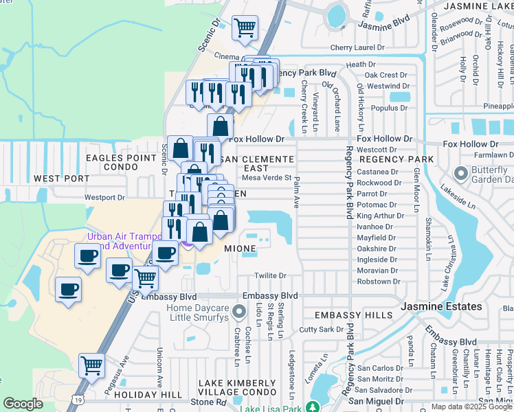map of restaurants, bars, coffee shops, grocery stores, and more near 9715 Palm Avenue in Port Richey