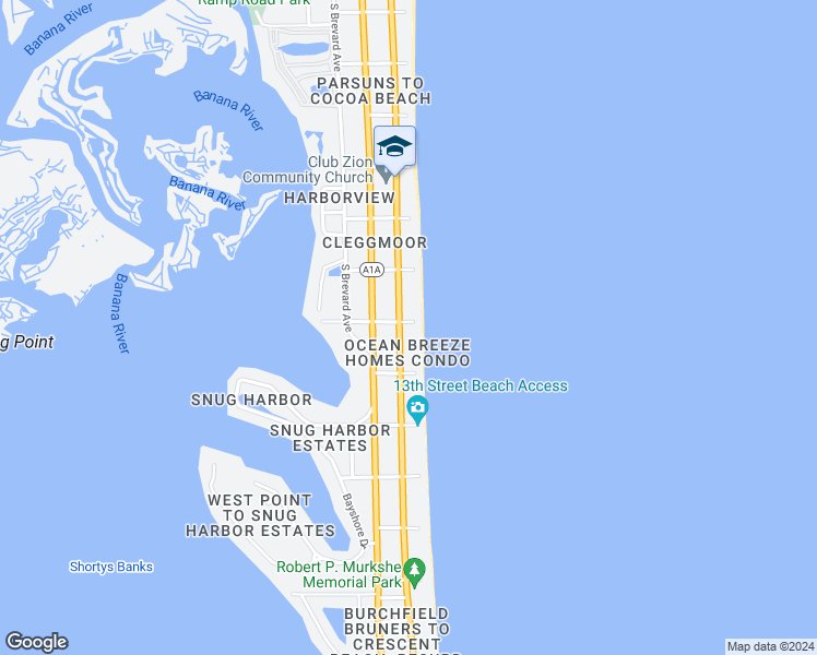 map of restaurants, bars, coffee shops, grocery stores, and more near 1101 Florida A1A in Cocoa Beach